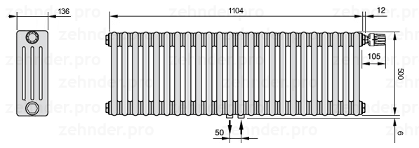 Схема (чертеж) Радиатор Zehnder Charleston 4050/24 №V008 Белый глянцевый RAL 9016